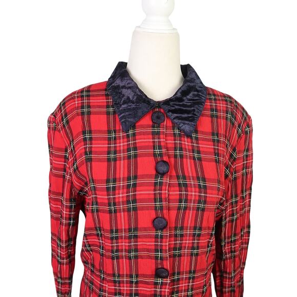 Vintage 80s Just In Thyme Red and Black Plaid Knee Length Dress 12 - Picture 2 of 6
